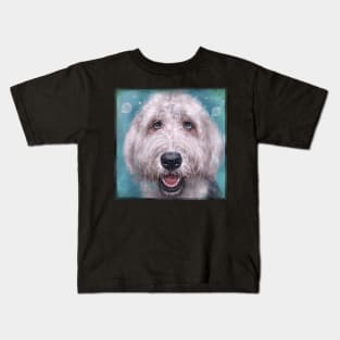 Painting of an Old English Sheep Dog on Blue Background Kids T-Shirt